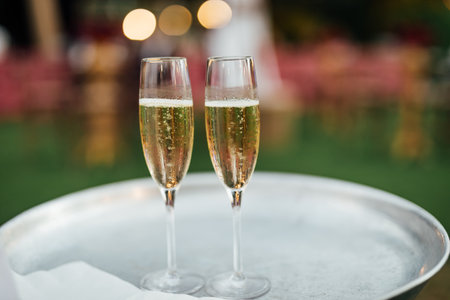 Luxury wine and CHAMPAGNE  for fine dining with and glassware, beautiful blurred  background. For events, weddings.  props for weddings, birthdays, and celebration. Wedding, restaurant.の写真素材