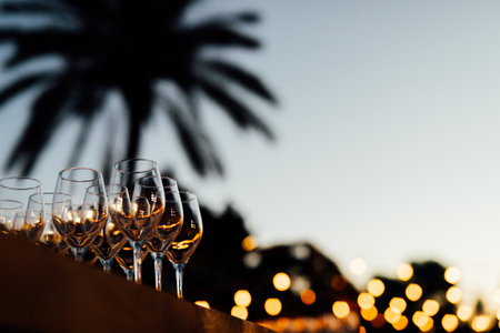 glasses of wine on the background of a palm tree at sunset