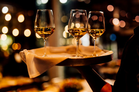 Pouring red wine at luxury restaurant and luxury table settings. elegant light and dishes.
