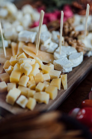 A beautifully arranged selection of artisanal cheeses displayed on a bed of fresh rosemary and green leaves. The variety includes hard and soft cheeses, some with a natural rind and others with subtle truffle infusions. The setting evokes a rustic, farm-to-table ambiance, perfect for gourmet food lovers, cheese enthusiasts, and culinary presentations. Ideal for themes related to traditional dairy products, farm markets, and organic cuisine.の写真素材