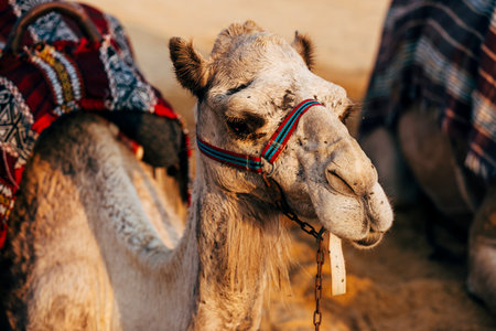 Camels resting in the desert with traditional saddles, captured in natural daylight. A peaceful Middle Eastern landscape showcasing desert wildlife, travel, and adventure.の写真素材