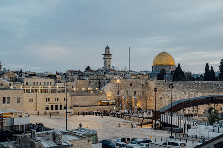 The iconic golden Dome of the Rock on the Temple Mount in Jerusalem's Old City, with views of ancient walls and Mamila streetの写真素材