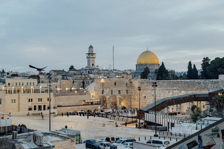 The iconic golden Dome of the Rock on the Temple Mount in Jerusalem's Old City, with views of ancient walls and Mamila streetの写真素材