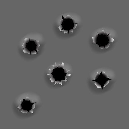 Realistic bullet holes set on gray background, vectorのイラスト素材