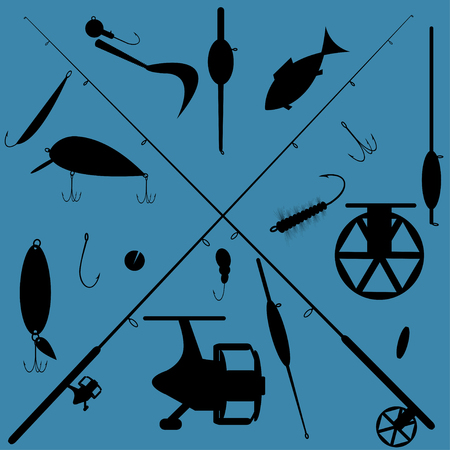 Fishing equipment icons set on blue background, vectorのイラスト素材