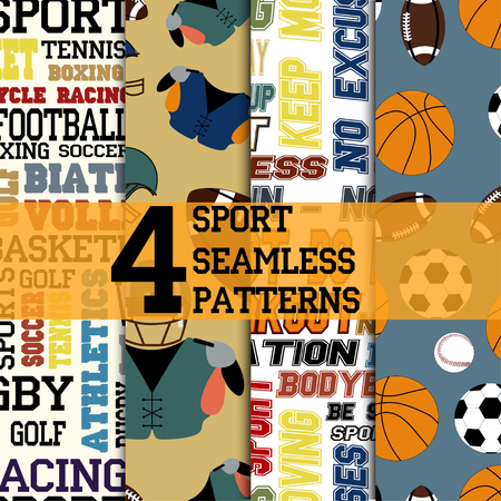 Set of four sport seamless patterns, text structures with name of sports and motivations, different balls and football uniform, vectorのイラスト素材