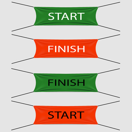 Start and finish textile strips or banners, red or green colors with black or white texts, vectorのイラスト素材