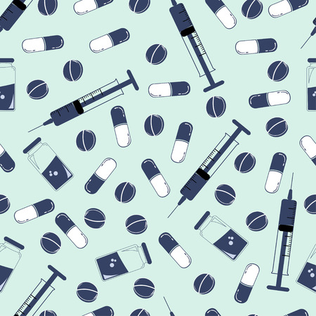 Seamless medical pattern with tablet, pill, capsule, syringe on blue backgroundのイラスト素材