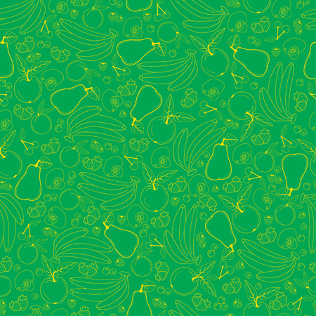 Fruit seamless pattern in green shades, line design fruits, banana apple cherry pear apricot kiwi strawberry raspberry blueberry currant plum peach, background, vectorのイラスト素材