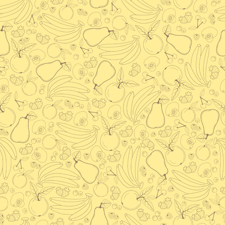 Fruit seamless pattern in pastel shades, line design fruits, banana apple cherry pear apricot kiwi strawberry raspberry blueberry currant plum peach, background, vectorのイラスト素材
