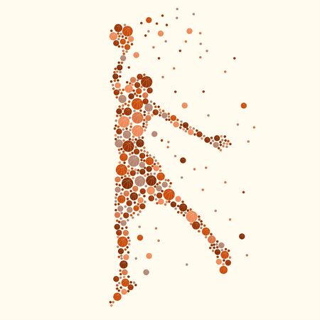 Silhouette of basketball player with the ball in the air filled with basketballs different sizes and colors. vectorのイラスト素材