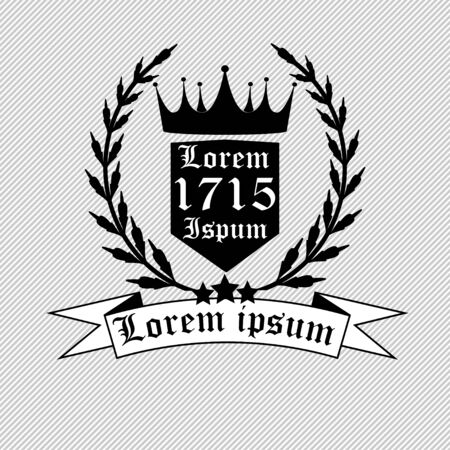 Logo with crown, laurel wreath, shield with text and tape with text, flat design, vectorのイラスト素材