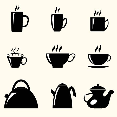 Set of teacups and teapots silhouette, vectorのイラスト素材