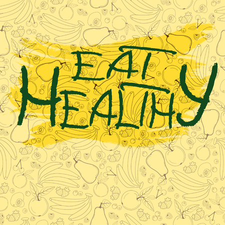 Hand drawn lettering, phrase eat healthy on the seamless  background with images of fruits, vectorのイラスト素材