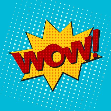 Pop art speech bubble with text wow, wow comic book speech bubble, colorful wow speech bubble on a dots pattern backgrounds in pop-art retro style, vectorのイラスト素材