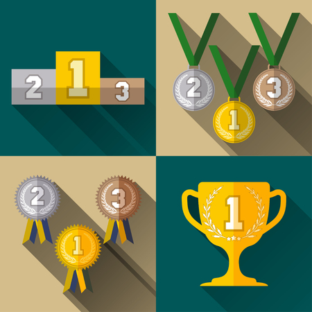 Set sport winner signs, pedestal icon and winner cup icon and icons with sets of medals, flat design sport emblems with long shadows, vectorのイラスト素材