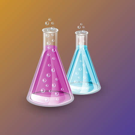 Two realistic dry bulbs, chemical flask transparent glass bottle of blue and purple liquids, liquids color can be easily changed, with bubbles and shadows, chemical icon, background, vectorのイラスト素材