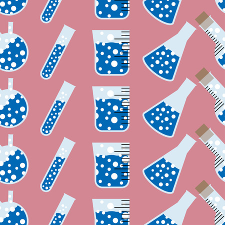 chemical seamless pattern, chemical laboratory supplies seamless pattern,  flask and test tube and beaker  on light pink background, vectorのイラスト素材