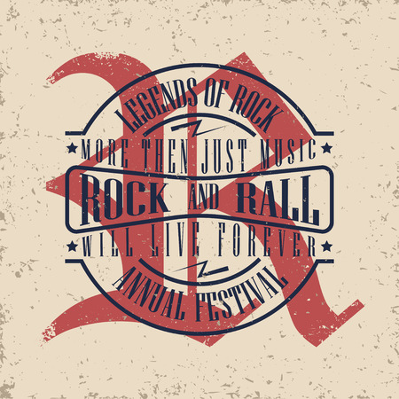 Grunge Monochrome Rock music print, hipster vintage label, graphic design with grunge effect, rock-music tee print stamp design. t-shirt print lettering artwork, vectorのイラスト素材