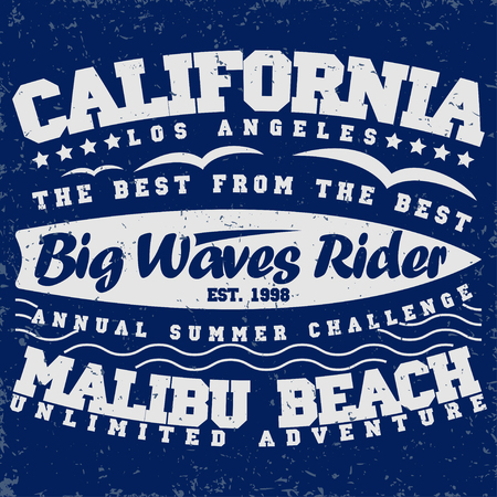 Grunge Surfing t-shirt graphic design,  grange surfing print stamp, California surfers wear typography emblem, Creative design, Vectorのイラスト素材