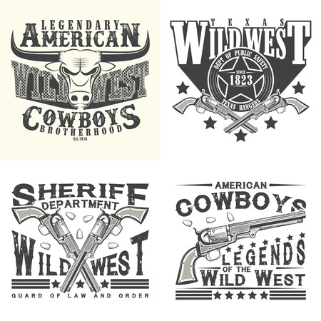 Set of Vintage typography, Wild West t-shirt graphics,  apparel stamps, tee print designs, vintage cowboy and sheriff and rangers emblems,のイラスト素材