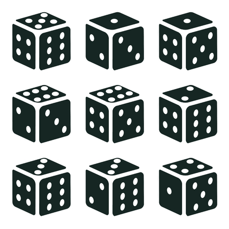 Set of  Dices in different turns, Isometric monochrome cubes with white pips on white background, vectorのイラスト素材