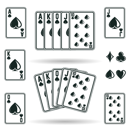 Street or Royal Flush, combination of game cards in poker game from aces to ten, different suits isolated on white background, vectorのイラスト素材