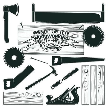 Set of woodworking, sawmill and carpentry and lumberjack elements for vintage logo design, monochrome icons isolated on white background, vectorのイラスト素材