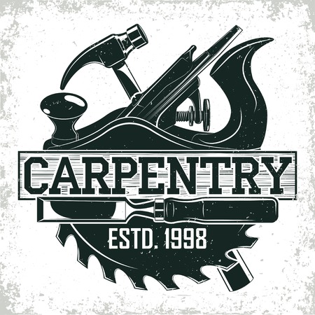 Vintage woodworking logo design,  grange print stamp, creative carpentry typography emblem, Vectorのイラスト素材