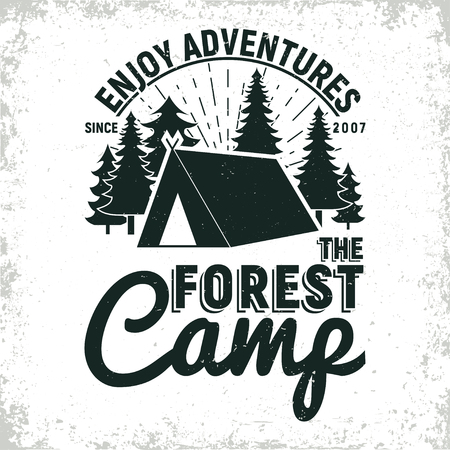 Vintage camping or tourism logo design,  grange print stamp, creative typography emblem, Vectorのイラスト素材