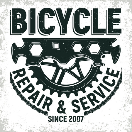 Vintage bicycles repair shop logo design,  grange print stamp, creative typography emblem, Vector.のイラスト素材