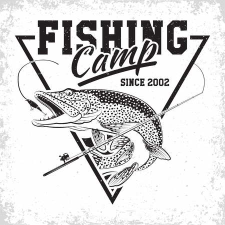Fishing club vintage logo design, emblem of the pike fishermen, grange print stamps, fisher typography emblem, Vectorのイラスト素材