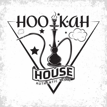 Vintage Hookah lounge design, emblem of hookah club or house, monochrome typography emblem, print stamps with easy removable grange, Vectorのイラスト素材