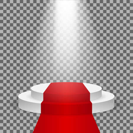 Realistic contest scene with the Red carpet and the spotlight, the Red carpet on empty white podium, place for product placement for presentation, winners podium or stage with the Red carpet, vectorのイラスト素材