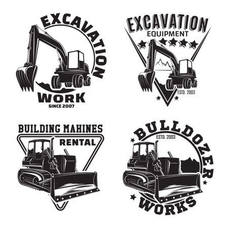 Set of Excavation work emblems design, emblems of bulldozer or building machine rental organization print stamps, constructing equipment, Heavy bulldozer machine typographyv emblems, Vectorのイラスト素材