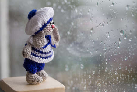 Tiny knitted bunny looking to the rain-drenched windowの写真素材