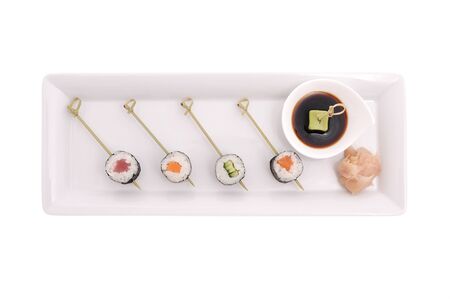 Sushi on stick  in plate with sause.の写真素材