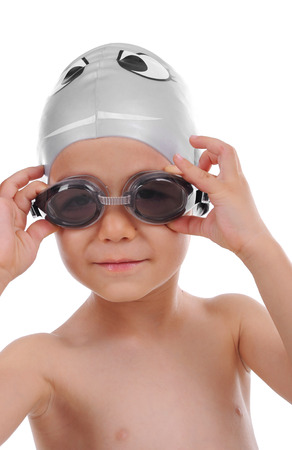 Cute child presents his swimming equipmentの写真素材