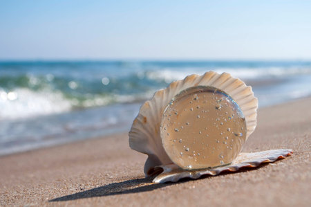 transparent crystal ball as the pearl lies in a seashell in the sand on the beachの写真素材