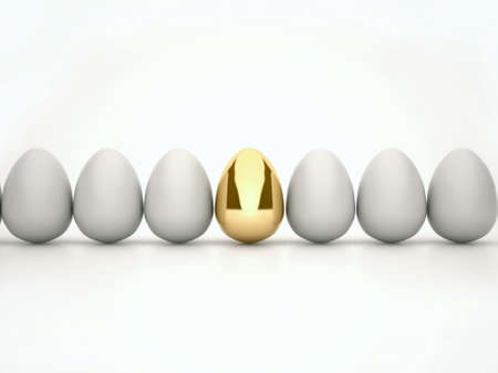 among the usual white eggs one gold, all isolated on white background