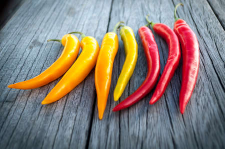 hot chili peppers avetrana on the old wooden table closeupの写真素材