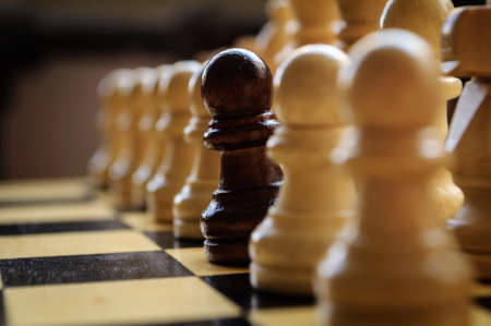chess black and white pieces on the wooden Board