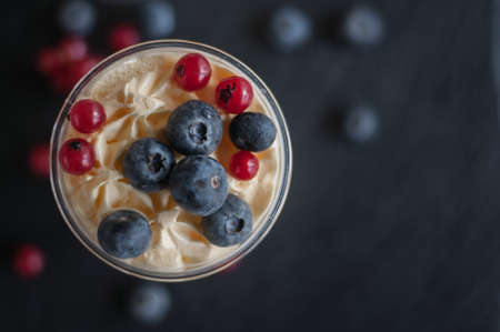vanilla ice cream with berries of blueberry and currantの写真素材