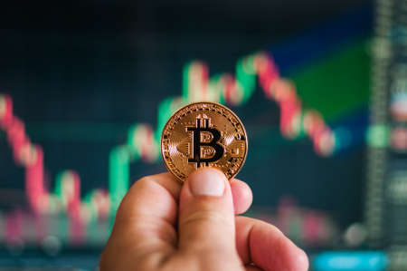 hand holding a gold coin bitcoin on the background of the exchange chart