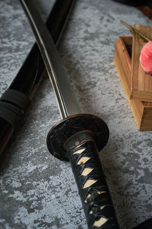 close-up of the Japanese battle sword katanaの写真素材
