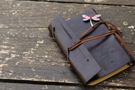 leather notebook with a dragonfly on a wooden benchの写真素材