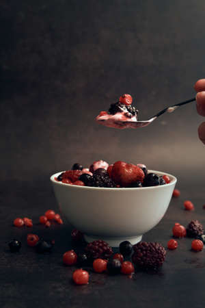 natural yogurt and red berriesの写真素材