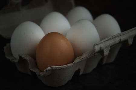 white and brown chicken eggs in dark background