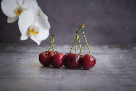 ripe cherry and white orchidの写真素材