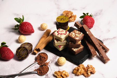 a variety of chocolates on a light background